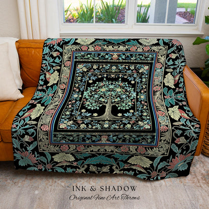 Dark Gothic Pastel Tree of Life Woven Tapestry | Ornate Floral Border Whimsical Botanical Pattern Folk Garden Style Classic Throw Blanket |