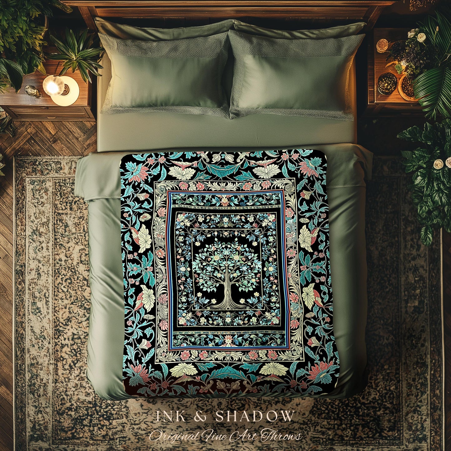 Dark Gothic Pastel Tree of Life Woven Tapestry | Ornate Floral Border Whimsical Botanical Pattern Folk Garden Style Classic Throw Blanket |