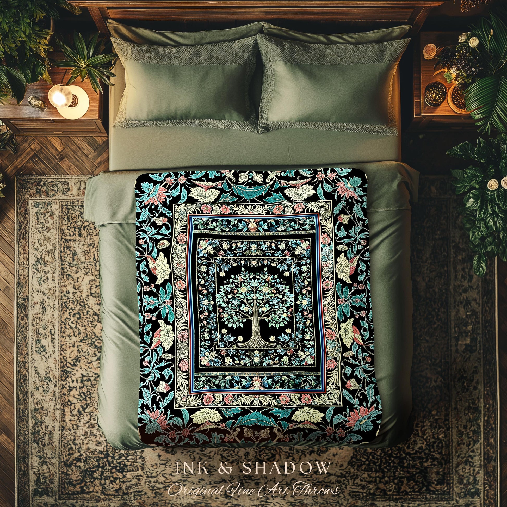 Dark Gothic Pastel Tree of Life Woven Tapestry | Ornate Floral Border Whimsical Botanical Pattern Folk Garden Style Classic Throw Blanket |