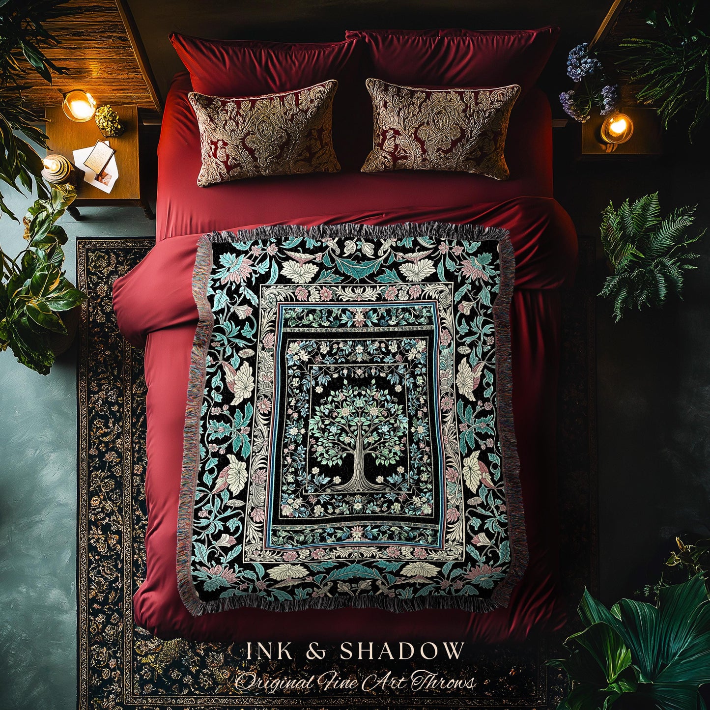 Dark Gothic Pastel Tree of Life Woven Tapestry | Ornate Floral Border Whimsical Botanical Pattern Folk Garden Style Classic Throw Blanket |