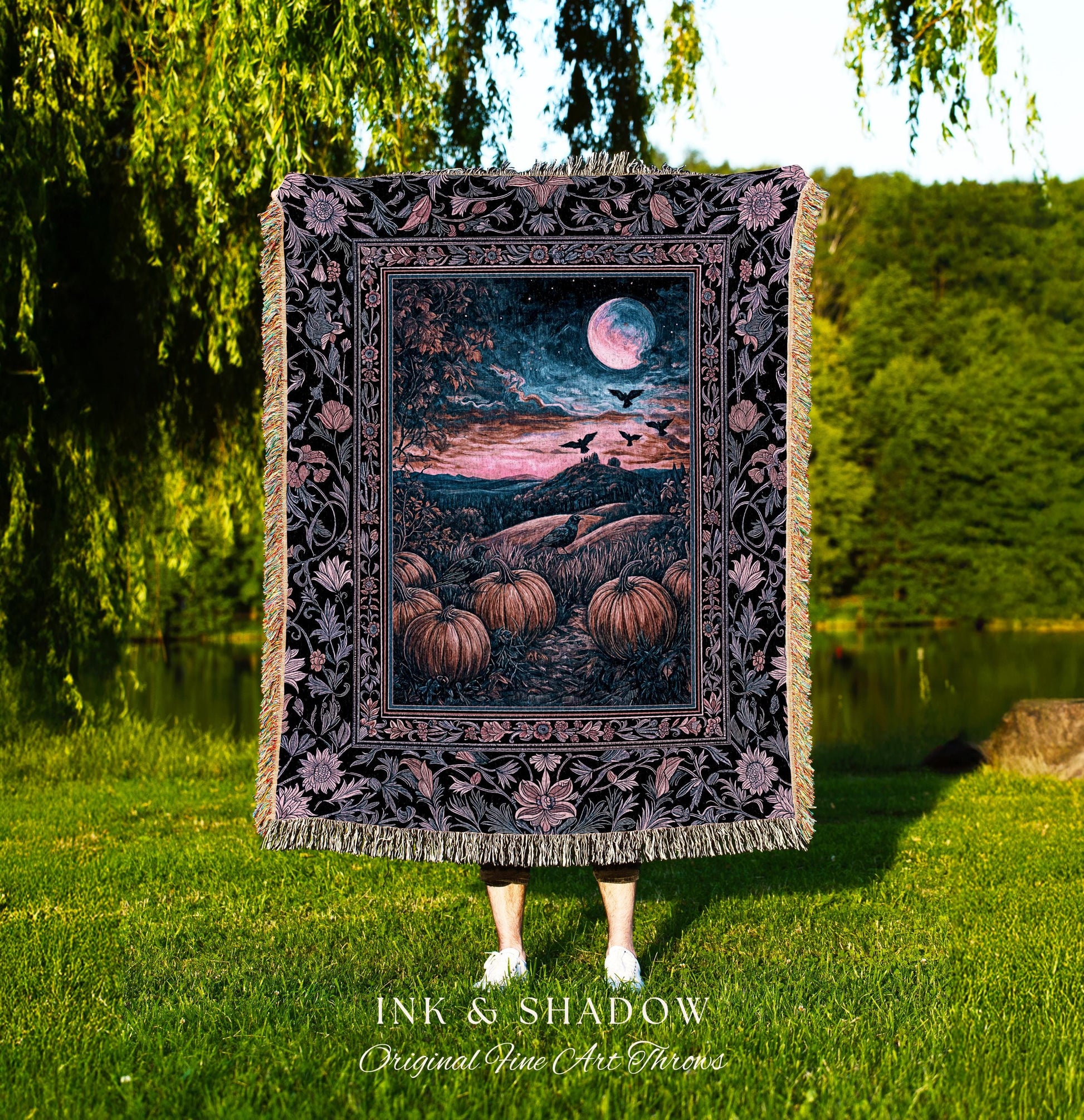 Whimsigothic Raven Full Moon Pumpkins Woven Throw | Dreamy Aesthetic Fall Vibes Witchy Dark Academia Tapestry Baroque Spooky Season Decor