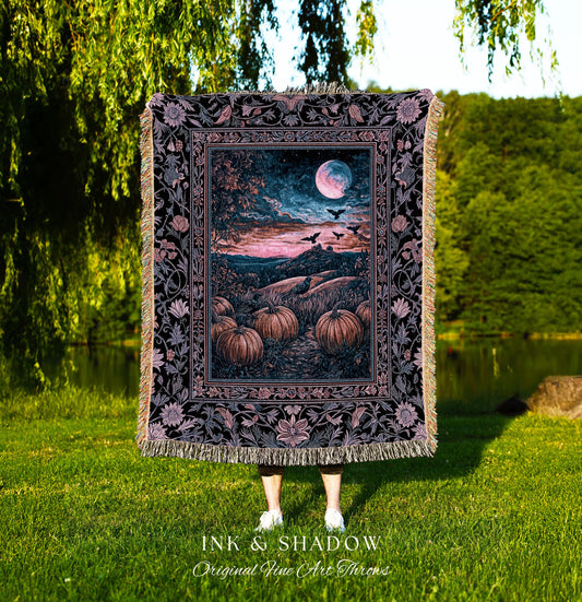Whimsigothic Raven Full Moon Pumpkins Woven Throw | Dreamy Aesthetic Fall Vibes Witchy Dark Academia Tapestry Baroque Spooky Season Decor