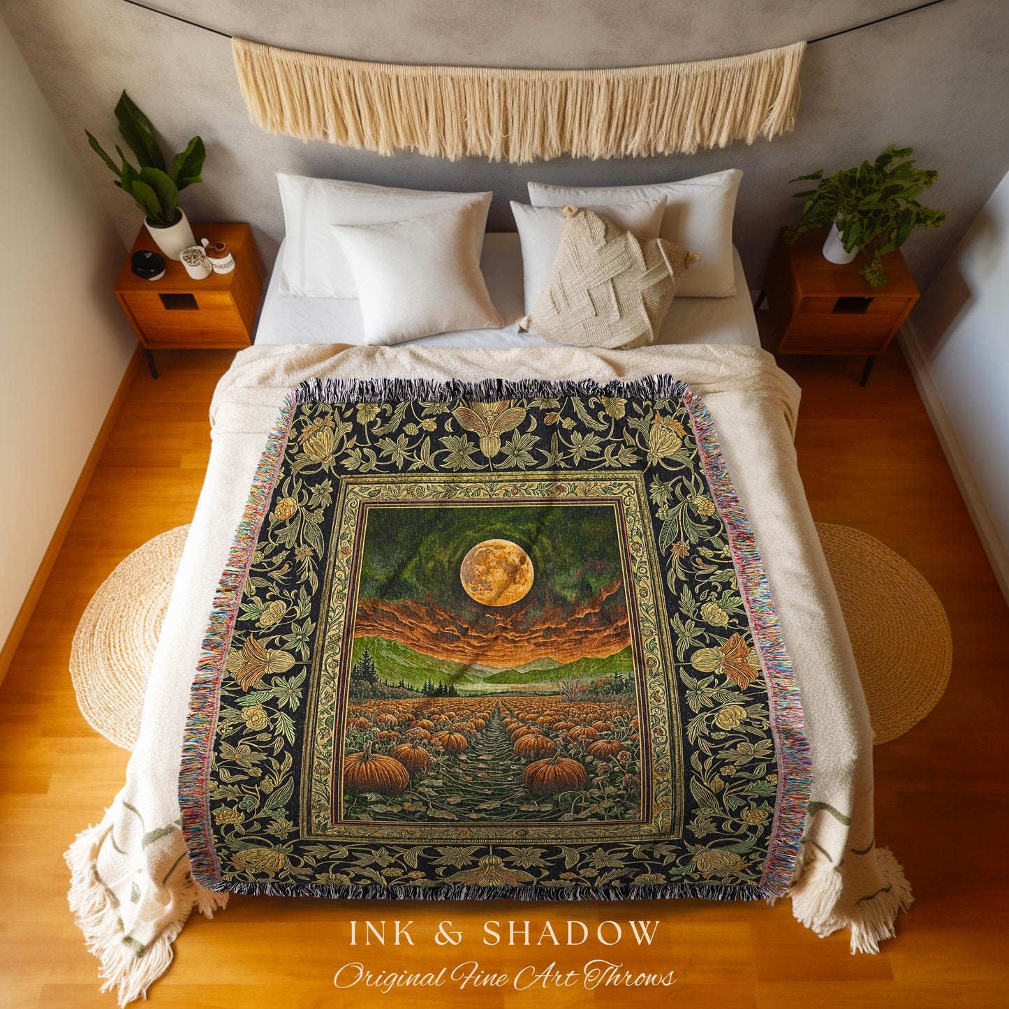 Moonrise Fall Harvest Tapestry | Earthy Boho Autumn Vibes Cute Throw Witchy Decor Whimsigoth Vintage Pumpkin Accent Rustic Halloween Blanket