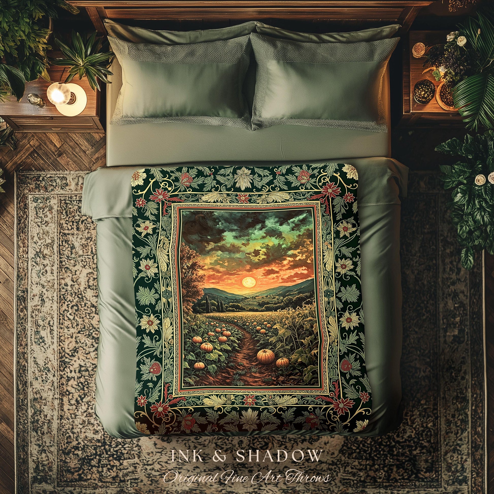 Romantic Autumn Landscape Blanket | Cozy Fall Tapestry Witchy Decor Rustic Crowcore Witchy Pumpkin Gothic Whimsical Dark Academia Throw |