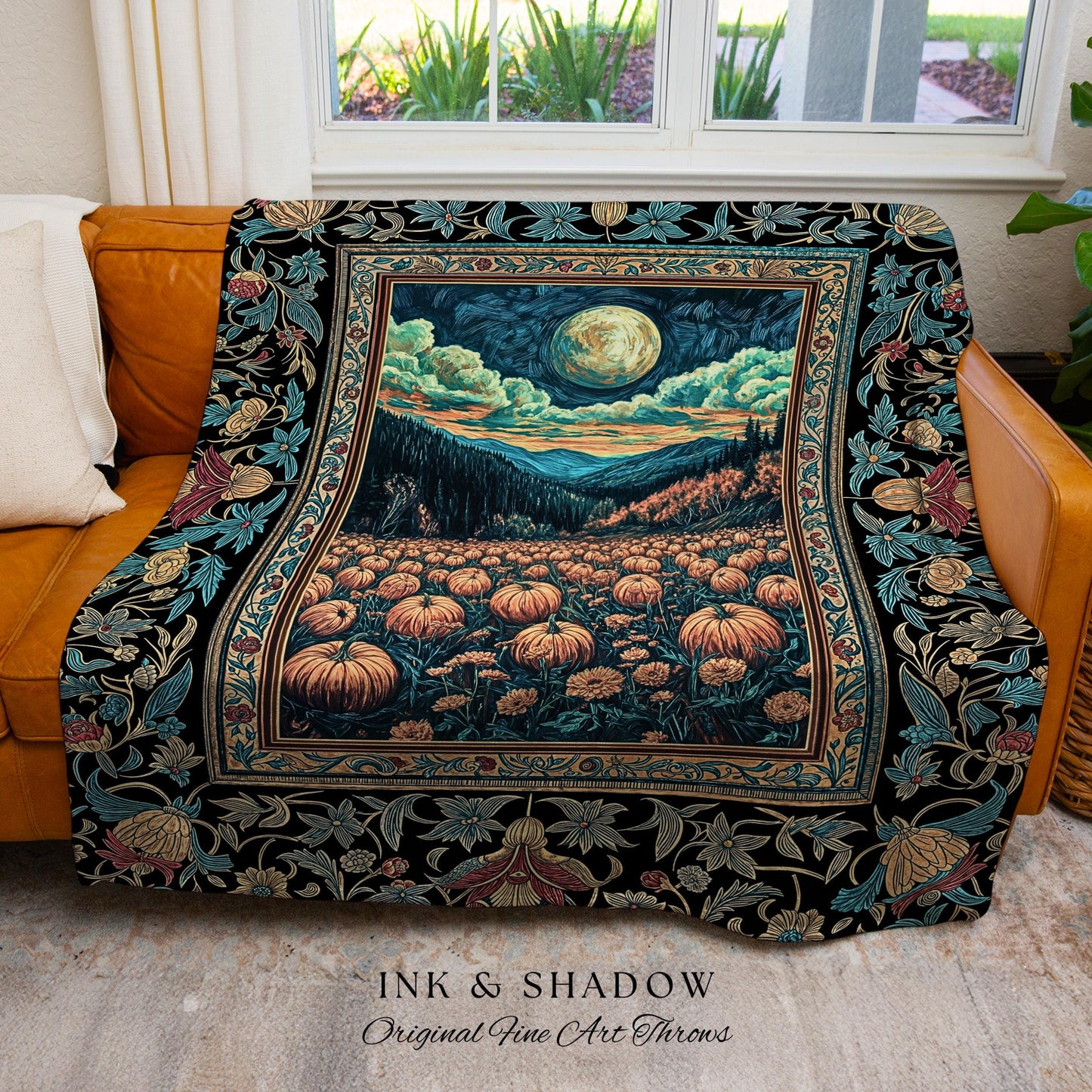 Mystic Medieval Fall Aesthetic Woven Tapestry | Dark Academia Autumn Harvest Throw Blanket Cozy Pumpkin Decor Halloween Rustic Earthy Style
