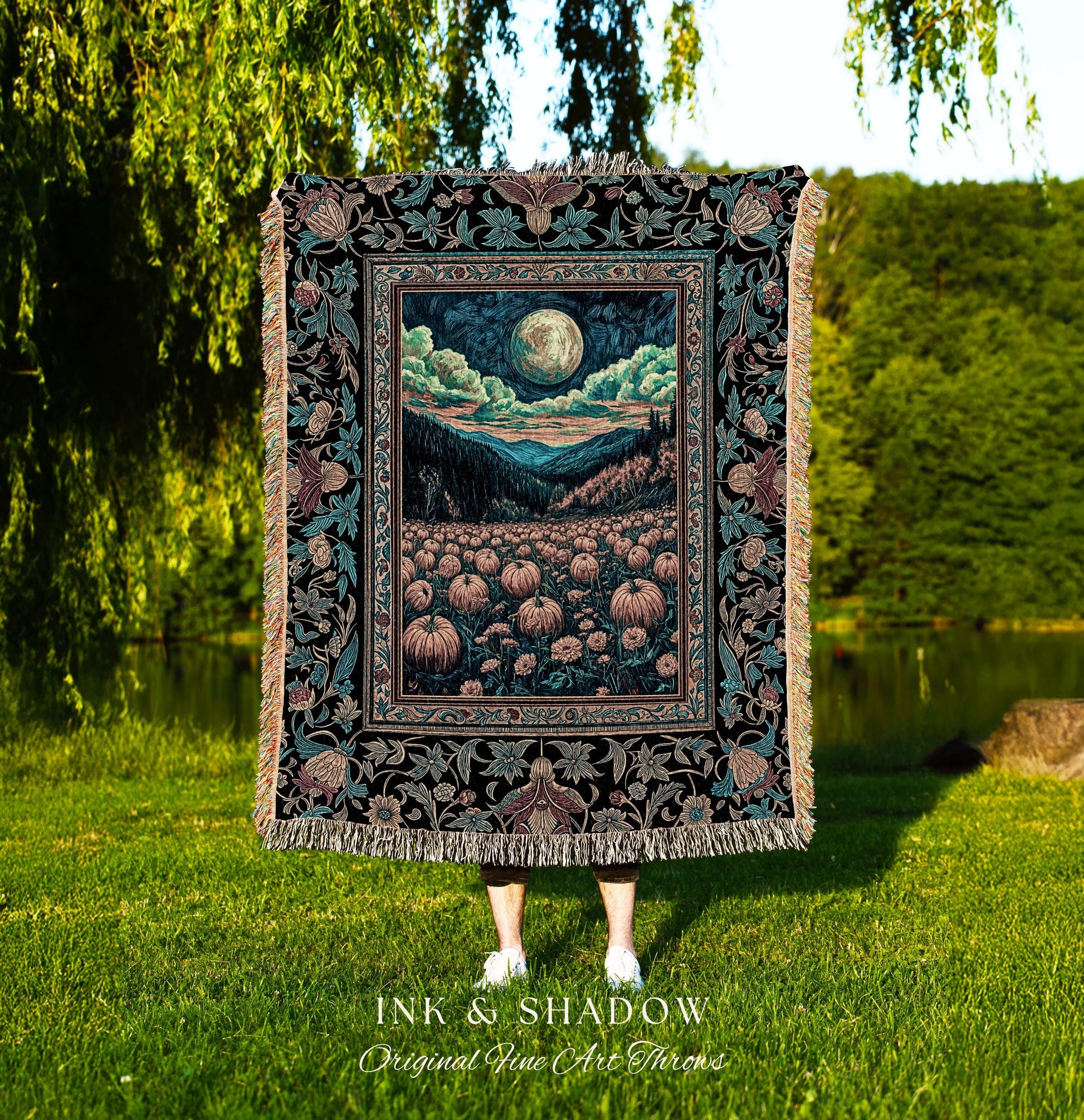 Mystic Medieval Fall Aesthetic Woven Tapestry | Dark Academia Autumn Harvest Throw Blanket Cozy Pumpkin Decor Halloween Rustic Earthy Style