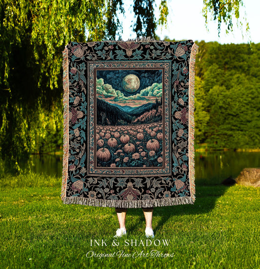 Mystic Medieval Fall Aesthetic Woven Tapestry | Dark Academia Autumn Harvest Throw Blanket Cozy Pumpkin Decor Halloween Rustic Earthy Style