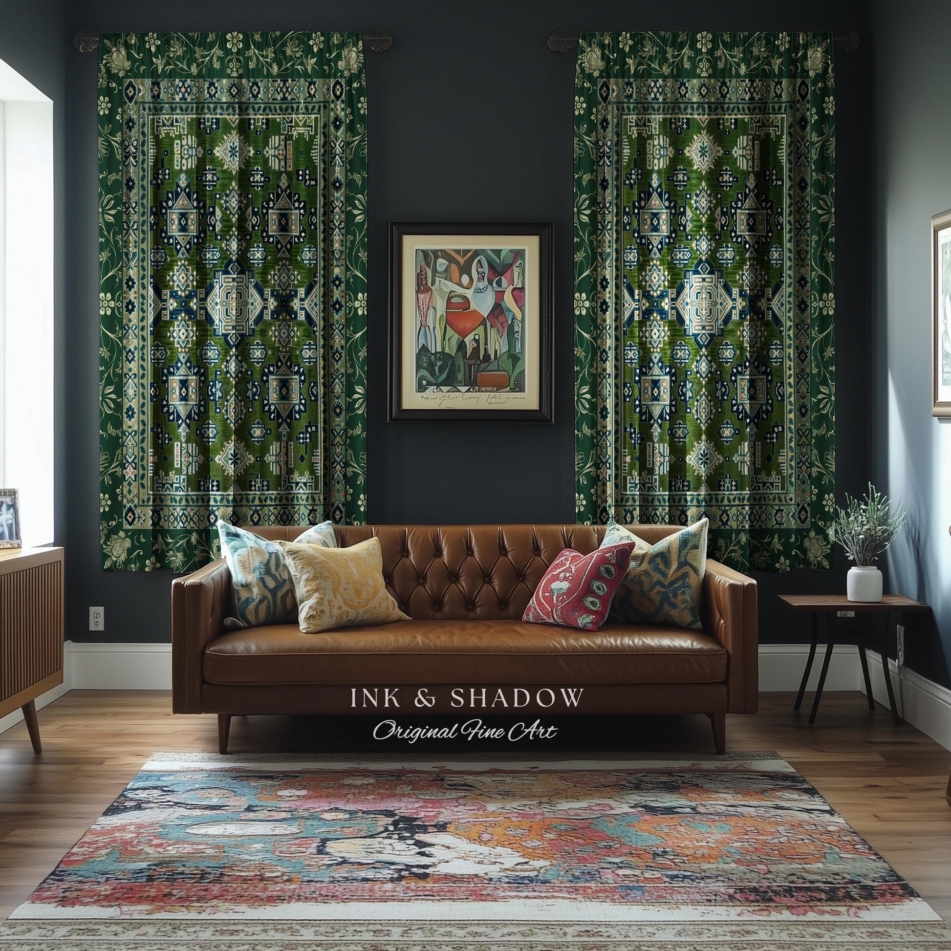 Blue Green Elegant Home Decor Curtain | Rustic Aesthetic Living Room Pastel Drapes Home Decor Housewarming Gift Cottagecore Green Bedroom