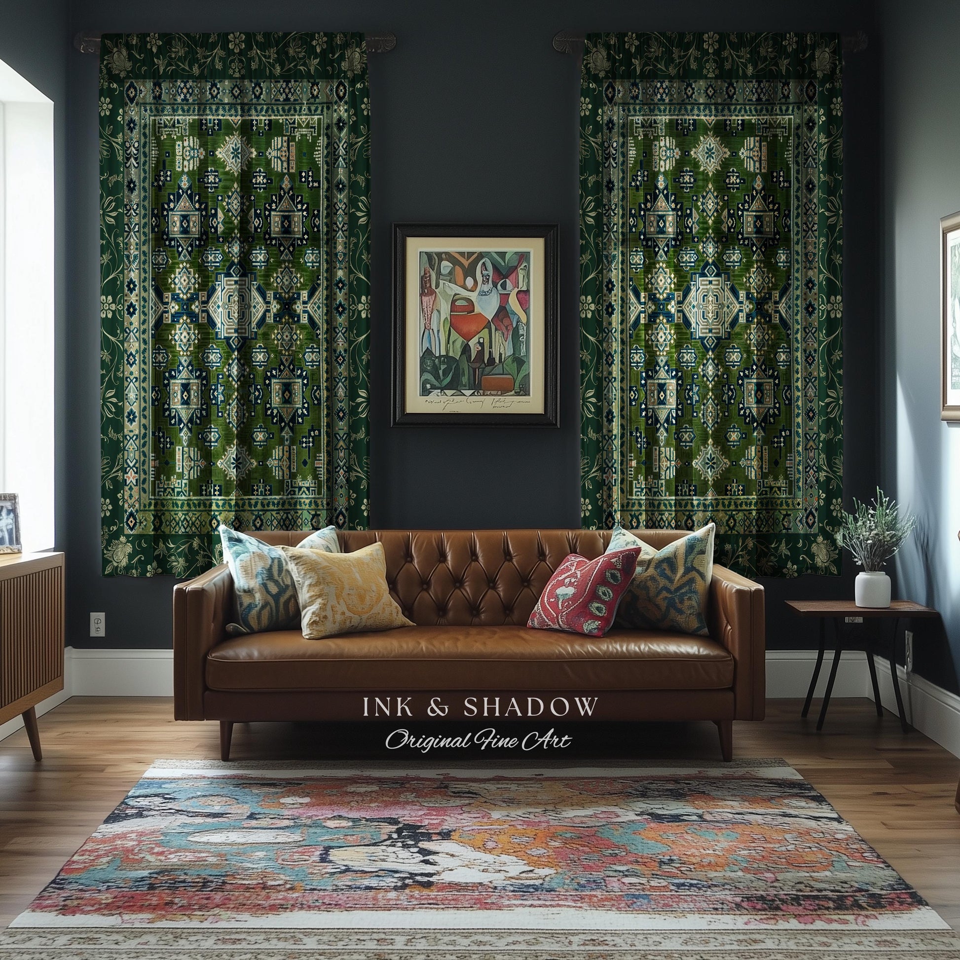 Blue Green Elegant Home Decor Curtain | Rustic Aesthetic Living Room Pastel Drapes Home Decor Housewarming Gift Cottagecore Green Bedroom
