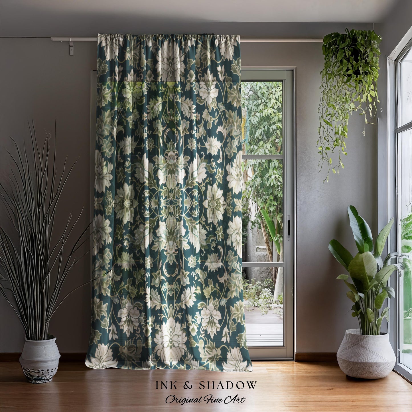 Regal Ornate Floral Aesthetic Curtains | Emerald Green Vintage Royal Drapes Rustic Home Decor Forestcore Housewarming Gift Bedroom Panel |
