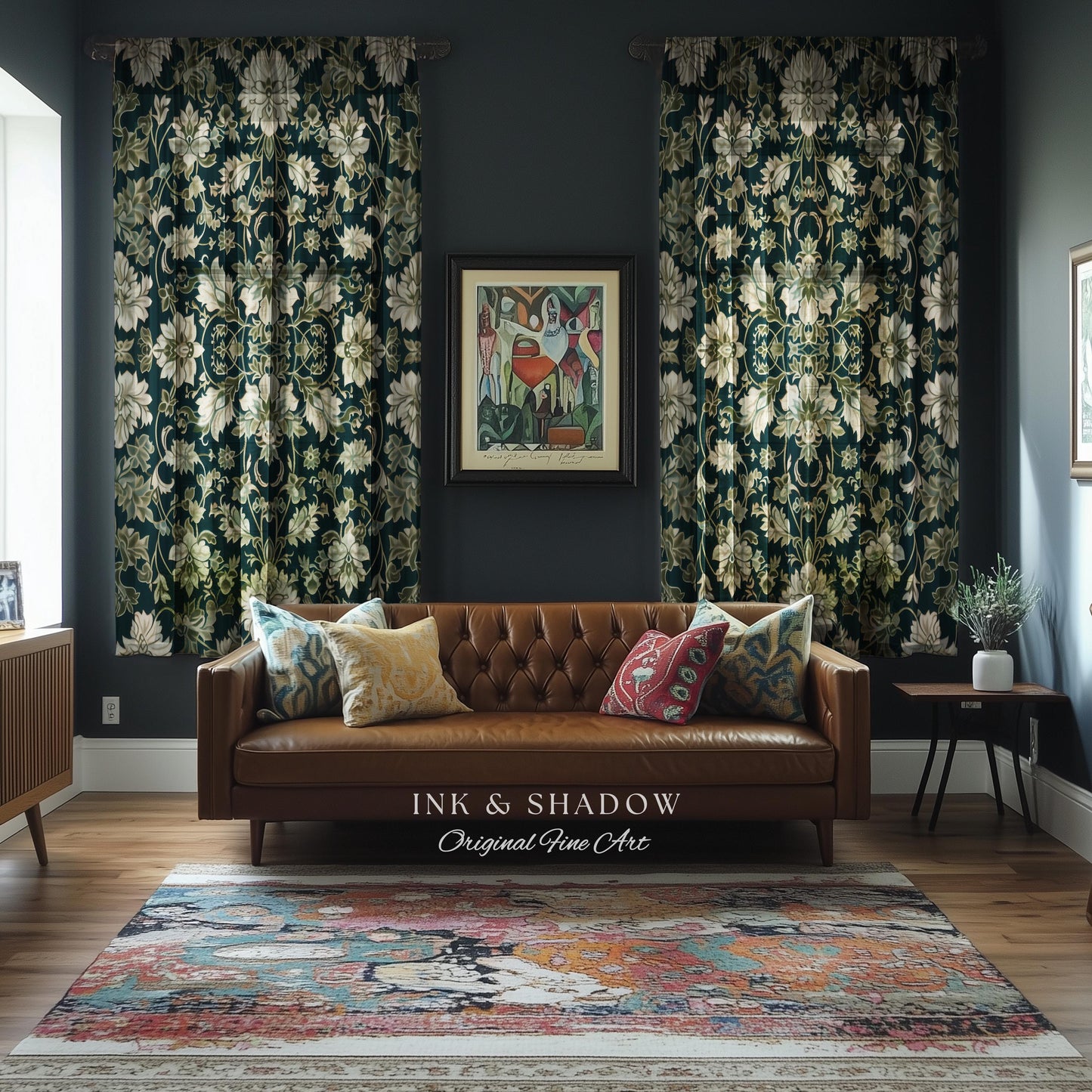 Regal Ornate Floral Aesthetic Curtains | Emerald Green Vintage Royal Drapes Rustic Home Decor Forestcore Housewarming Gift Bedroom Panel |