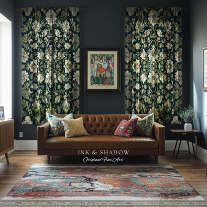 Regal Ornate Floral Aesthetic Curtains | Emerald Green Vintage Royal Drapes Rustic Home Decor Forestcore Housewarming Gift Bedroom Panel |