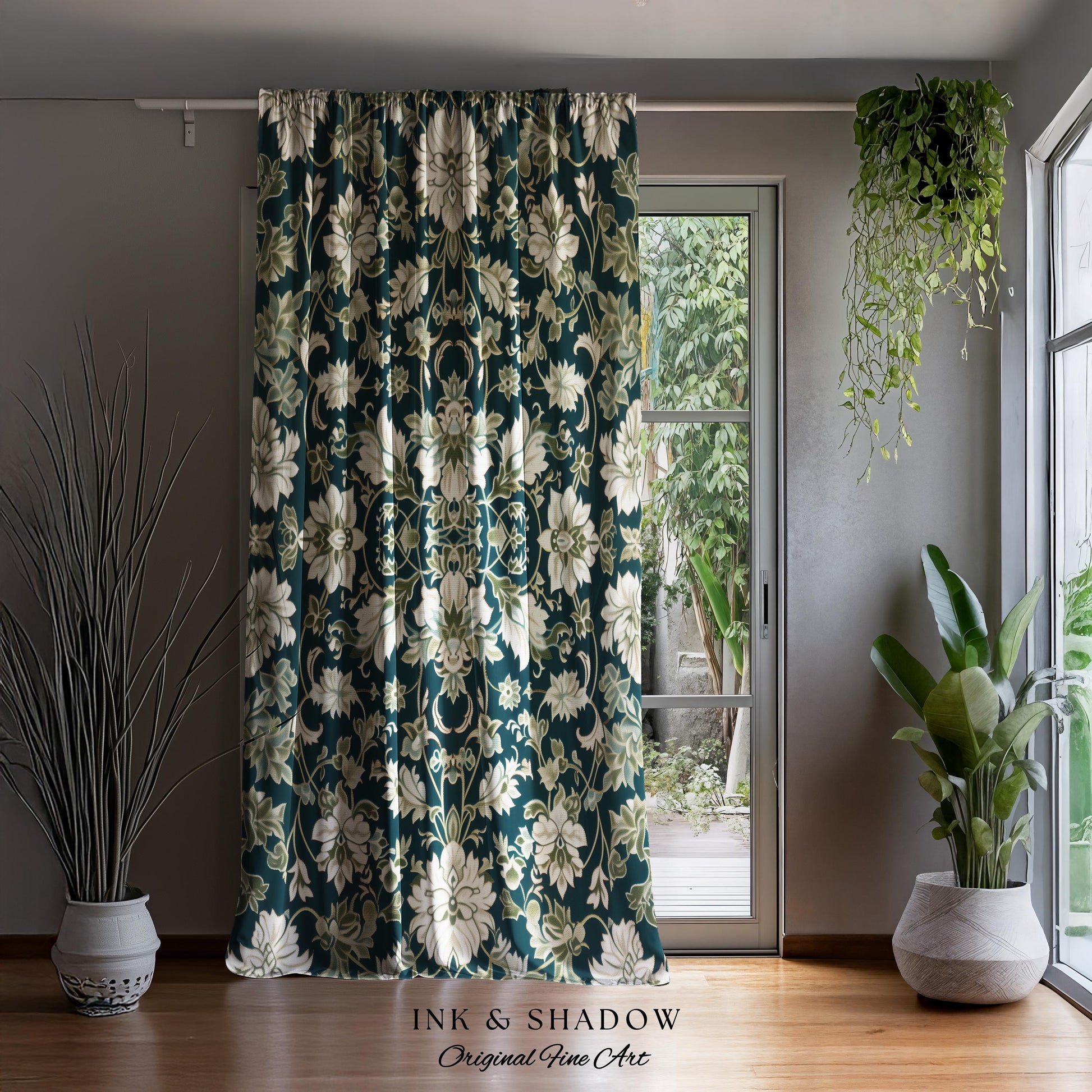 Regal Ornate Floral Aesthetic Curtains | Emerald Green Vintage Royal Drapes Rustic Home Decor Forestcore Housewarming Gift Bedroom Panel |