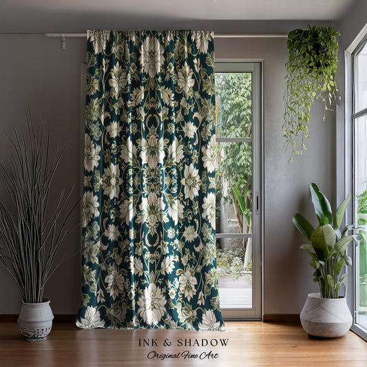 Regal Ornate Floral Aesthetic Curtains | Emerald Green Vintage Royal Drapes Rustic Home Decor Forestcore Housewarming Gift Bedroom Panel |