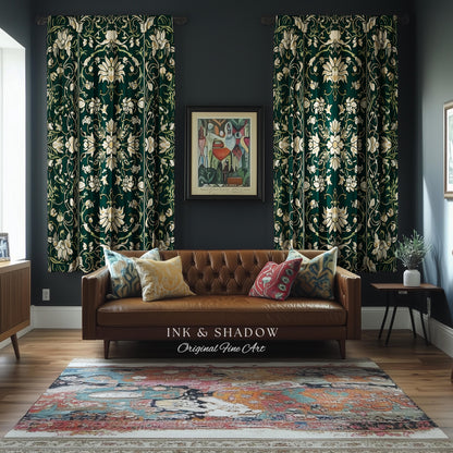 Renaissance Revival Forest Green Curtains | Gothic Art Nouveau Aesthetic Living Room Decor Cottagecore Ornate Maximalist Bedroom Drapes |