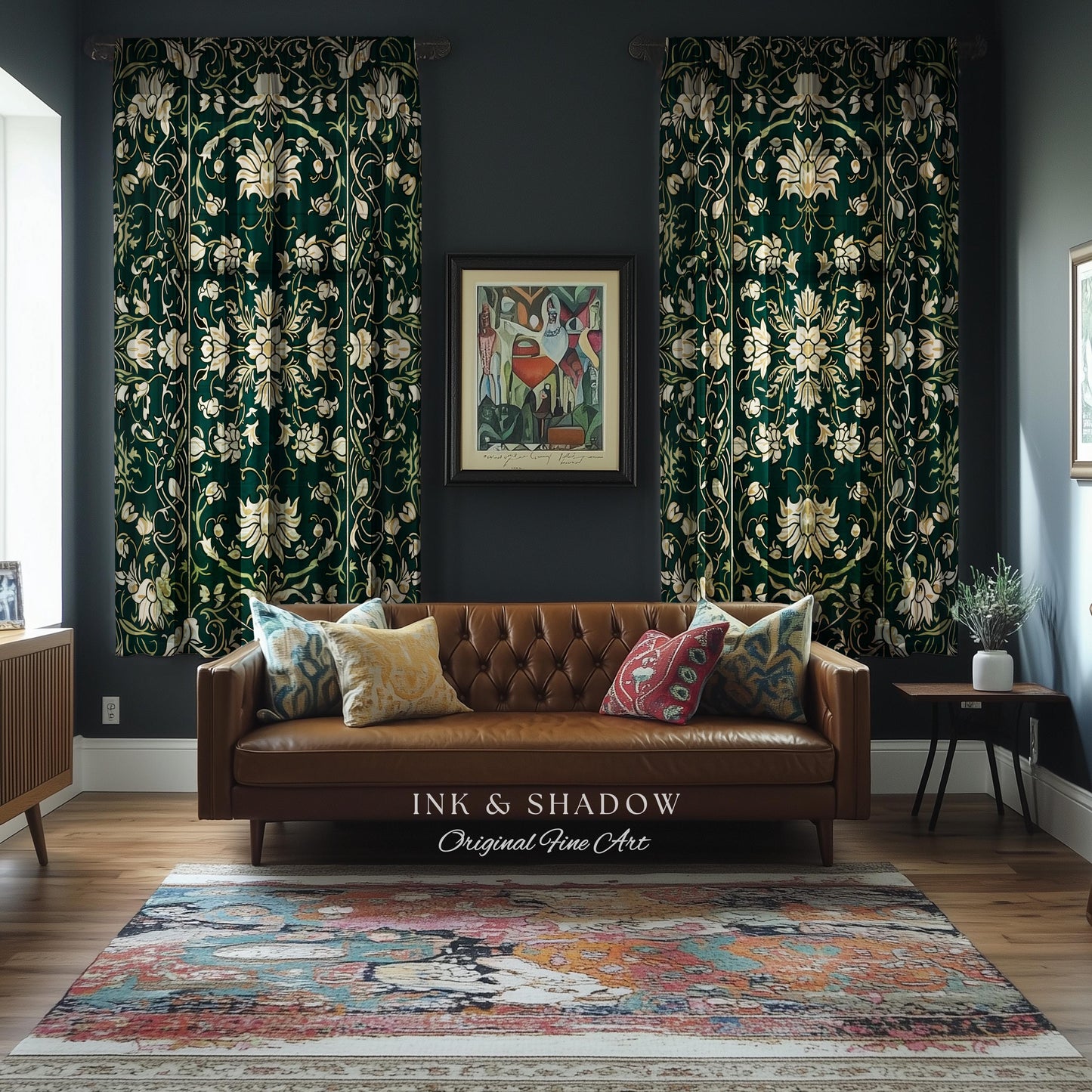Renaissance Revival Forest Green Curtains | Gothic Art Nouveau Aesthetic Living Room Decor Cottagecore Ornate Maximalist Bedroom Drapes |