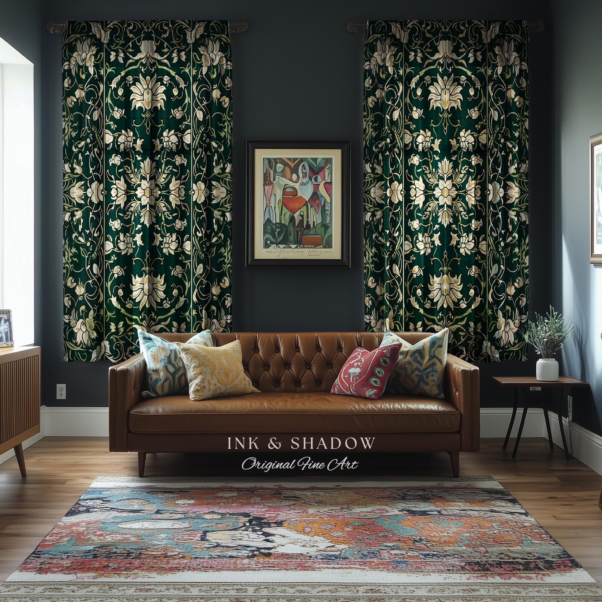Renaissance Revival Forest Green Curtains | Gothic Art Nouveau Aesthetic Living Room Decor Cottagecore Ornate Maximalist Bedroom Drapes |