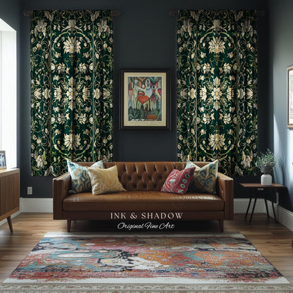 Renaissance Revival Forest Green Curtains | Gothic Art Nouveau Aesthetic Living Room Decor Cottagecore Ornate Maximalist Bedroom Drapes |