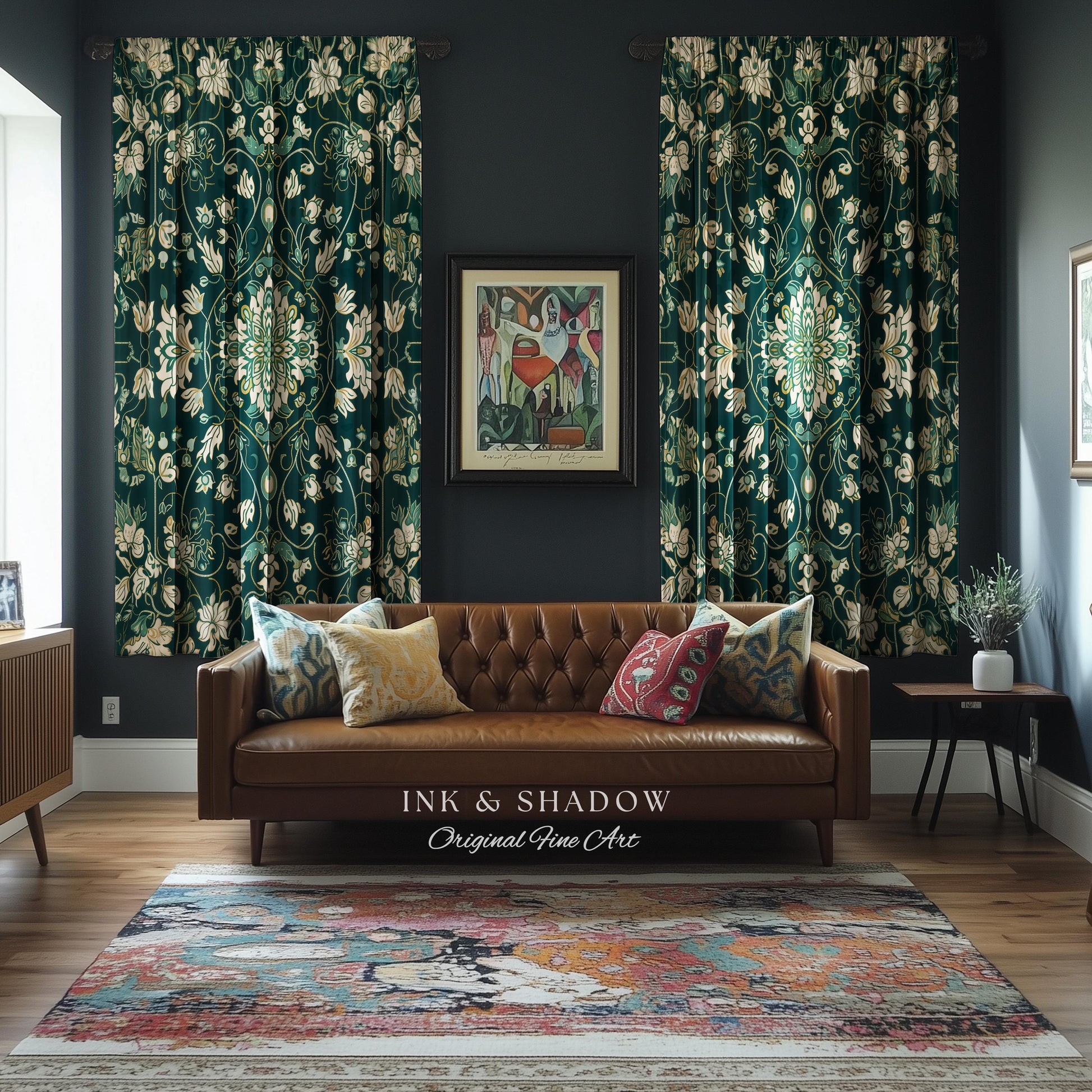 Deep Green Rococo Style Curtains | Soft Gothic Home Decor Art Deco Aesthetic Panel Renaissance Royalcore Elegance Bedroom Drapes Bohemian |