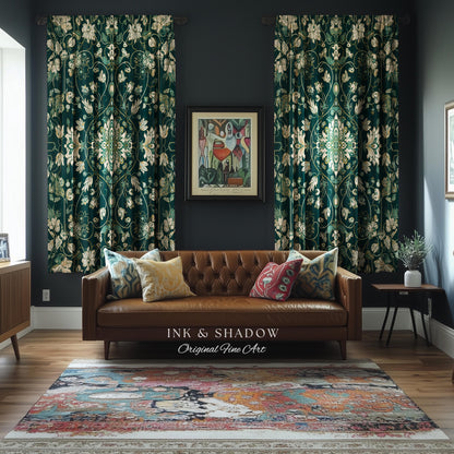 Deep Green Rococo Style Curtains | Soft Gothic Home Decor Art Deco Aesthetic Panel Renaissance Royalcore Elegance Bedroom Drapes Bohemian |