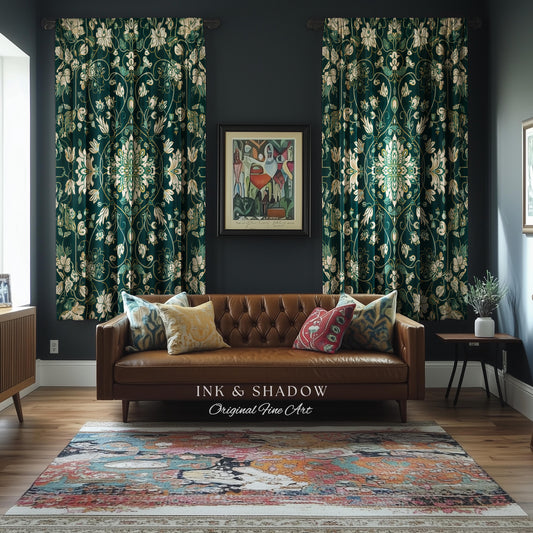 Deep Green Rococo Style Curtains | Soft Gothic Home Decor Art Deco Aesthetic Panel Renaissance Royalcore Elegance Bedroom Drapes Bohemian |