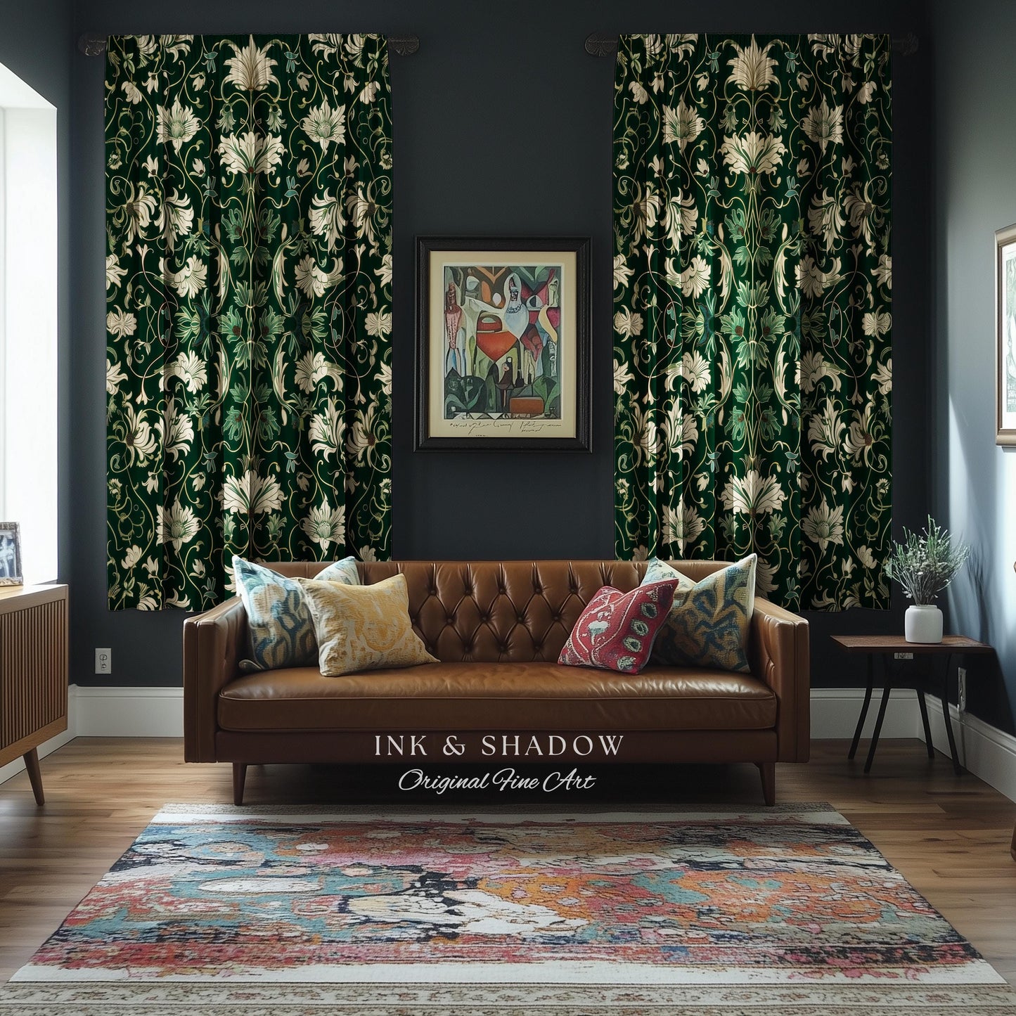 Art Nouveau Emerald Window Drapes | Dark Moss Toned Bedroom Panel Medieval Revival Rococo Renaissance Ethereal Room Accent Whimsical Theme |