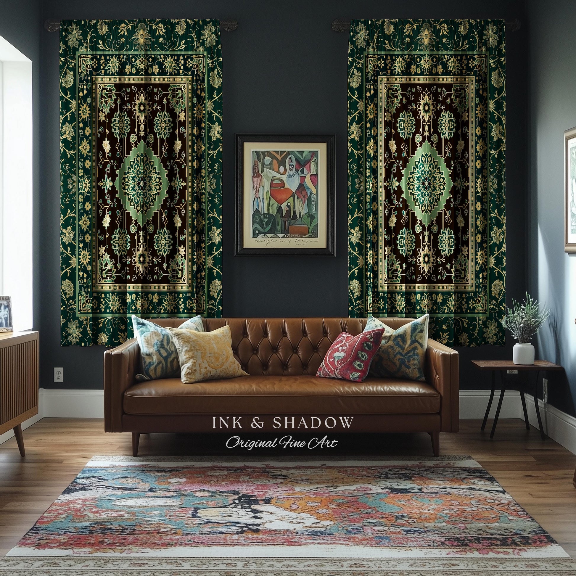 Dark Academia Emerald Curtains | Cozy Reading Nook Window Drapes Ornate with Blue Green Detail Cottagecore Victorian Gothic Aesthetic Decor