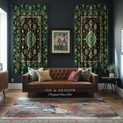 Dark Academia Emerald Curtains | Cozy Reading Nook Window Drapes Ornate with Blue Green Detail Cottagecore Victorian Gothic Aesthetic Decor