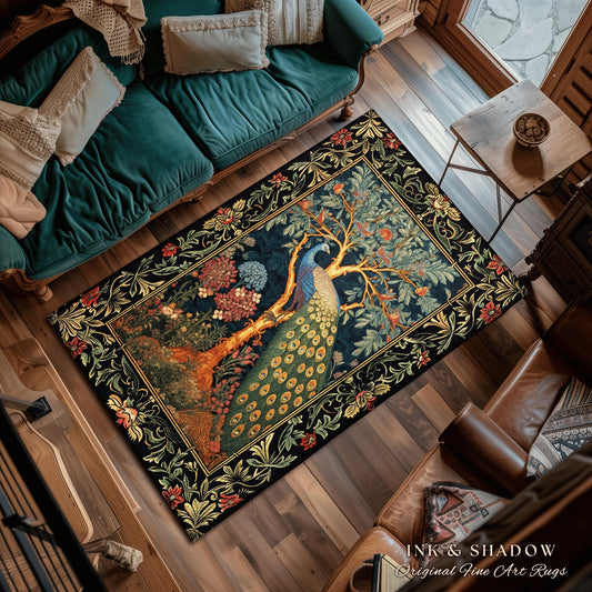 Cottagecore Peacock Accent Rug | Royalcore Floral Room Decor William Morris Inspired Cottagecore Aesthetic Fairycore Bedroom Ethereal