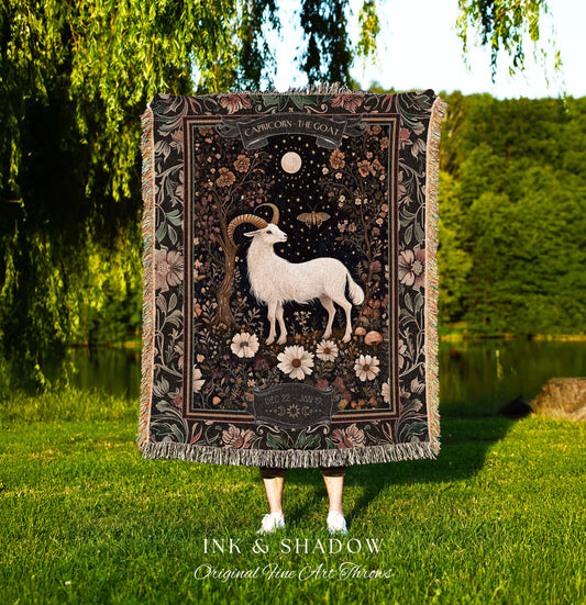 Full Moon Floral Cottagecore Capricorn Astrology Blanket Boho Botanical Art Tapestry | The Goat Rustic Star Sign Gift Zodiac Woodland Throw