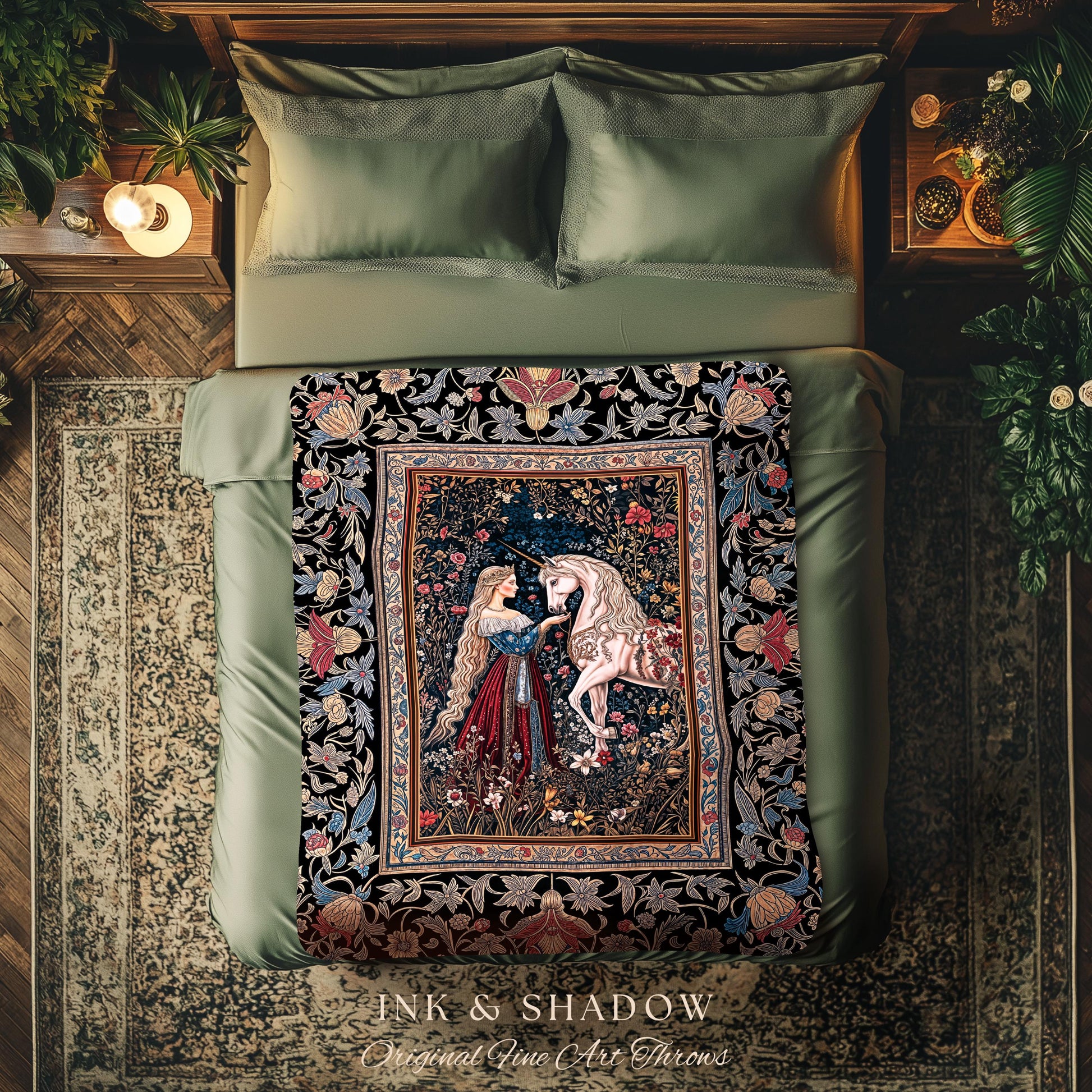 Mystic Fairytale Unicorn Throw Blanket | Renaissance Aesthetic Gloomy Coquette Woven Wall Tapestry Dark Cottagecore Storybook Gothic Theme |