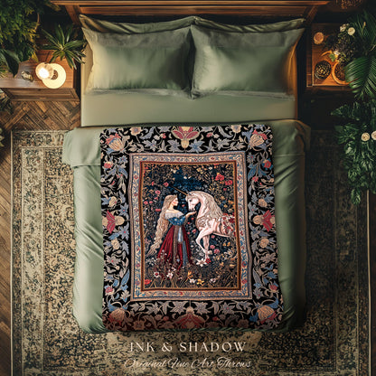 Mystic Fairytale Unicorn Throw Blanket | Renaissance Aesthetic Gloomy Coquette Woven Wall Tapestry Dark Cottagecore Storybook Gothic Theme |