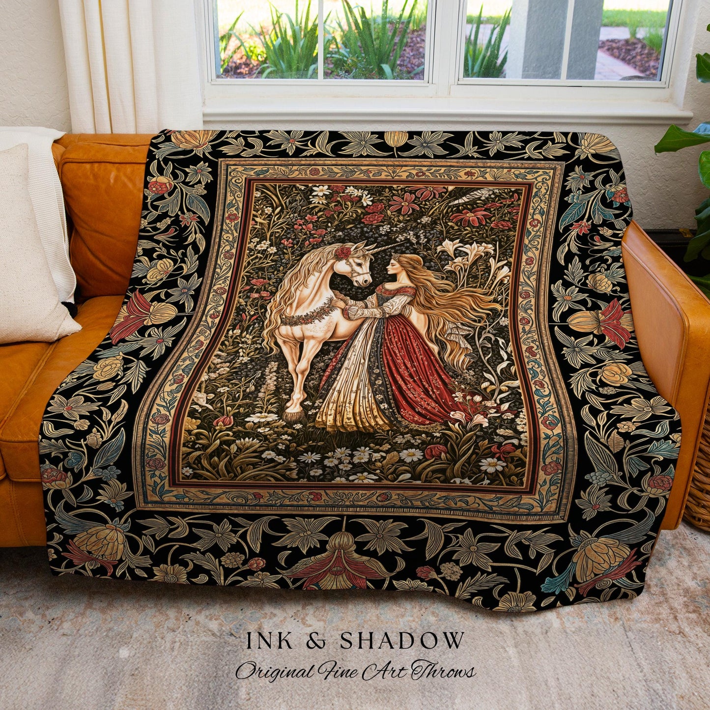Enchanted Garden Princess Blanket | Mystical Cottagecore Royalcore Woven Tapestry Antique Fairytale Bedroom Soft Romantic Folklore Style |