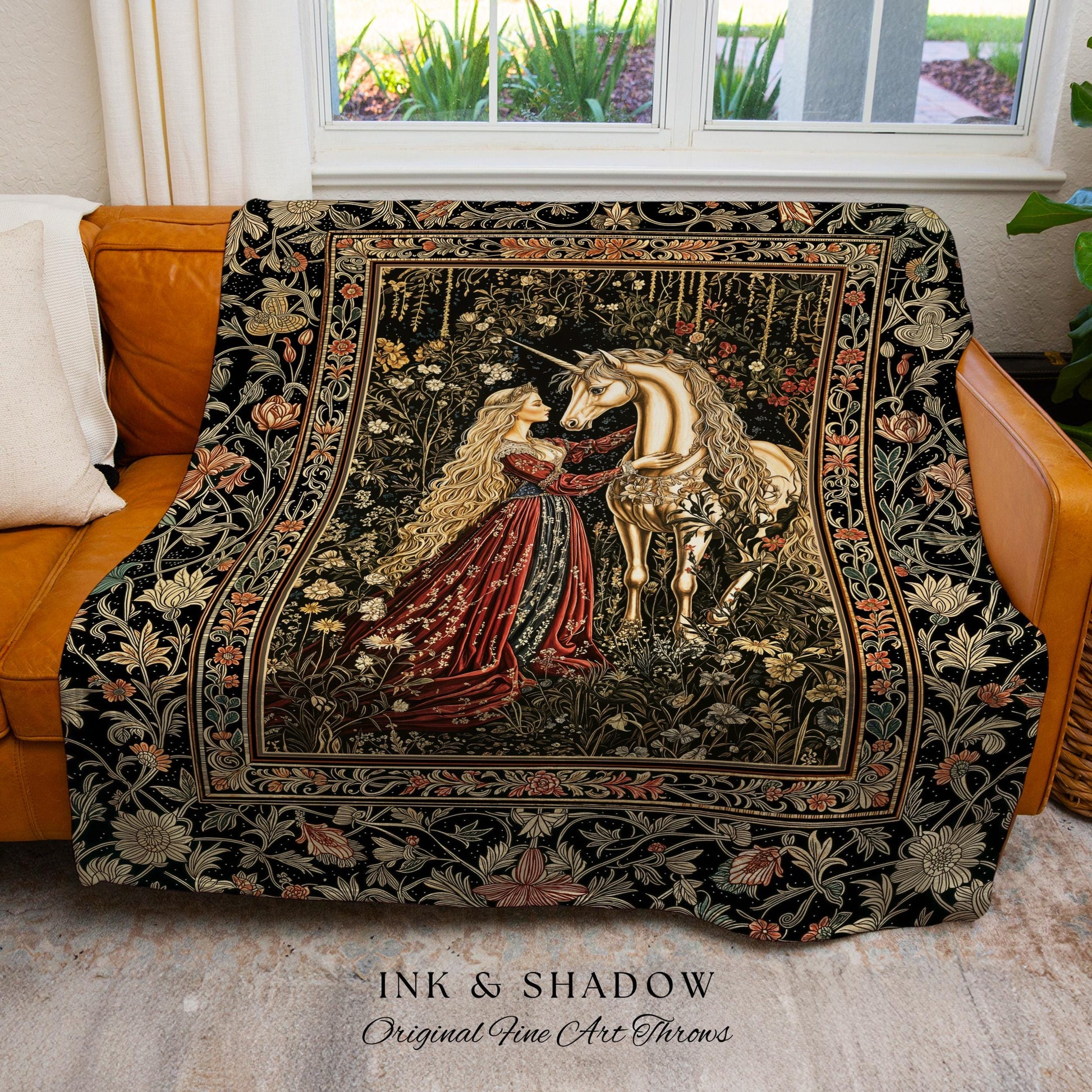 Romantic Fairytale Unicorn Throw Blanket | Regency Dark Cottagecore Coquette Woven Tapestry Dreamy Rococo Bedroom Storybook Gothic Decor |