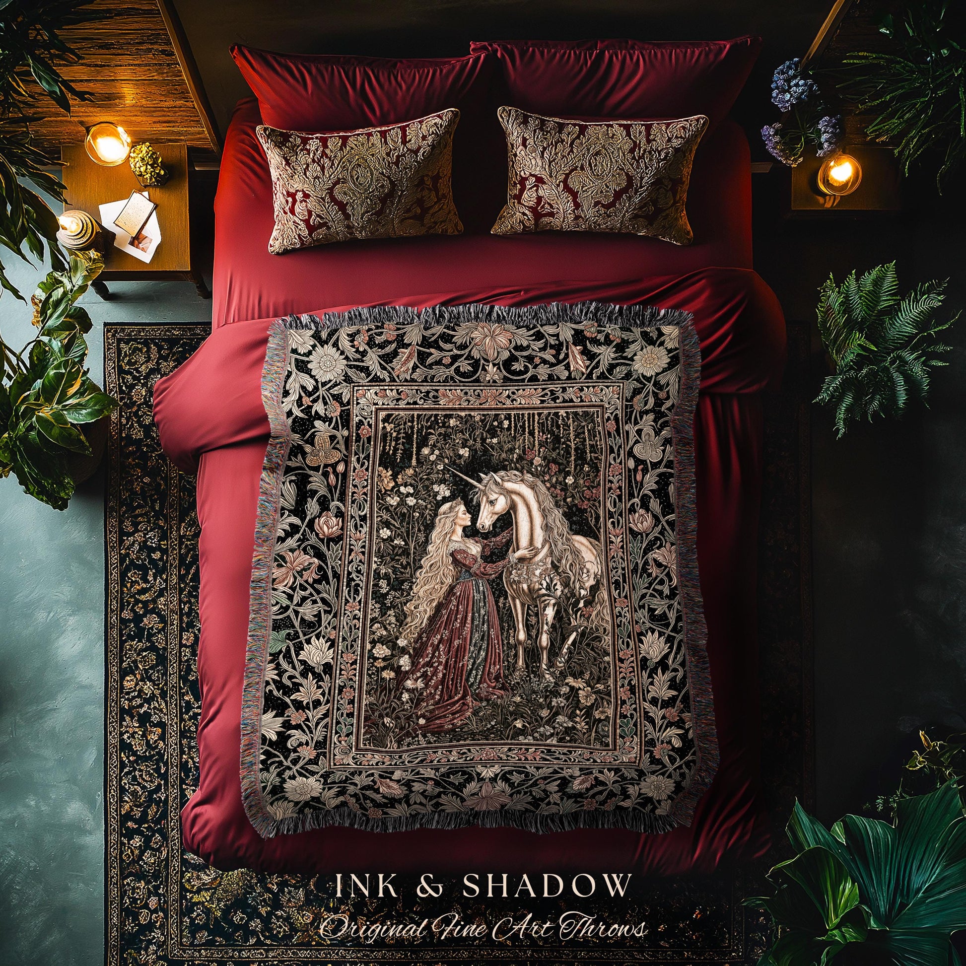 Romantic Fairytale Unicorn Throw Blanket | Regency Dark Cottagecore Coquette Woven Tapestry Dreamy Rococo Bedroom Storybook Gothic Decor |