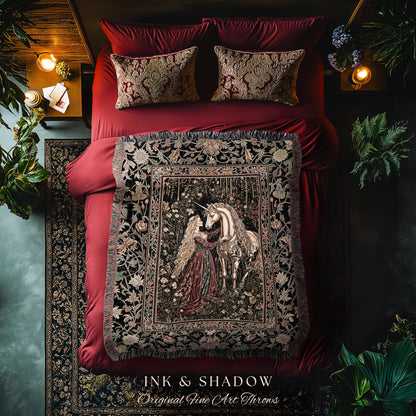 Romantic Fairytale Unicorn Throw Blanket | Regency Dark Cottagecore Coquette Woven Tapestry Dreamy Rococo Bedroom Storybook Gothic Decor |