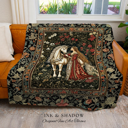Gothic Romance Storybook Cozy Throw Blanket | Dark Academia Fairytale Tapestry Medieval Coquette Cottagecore Dreamy Regal Bedroom Accent |
