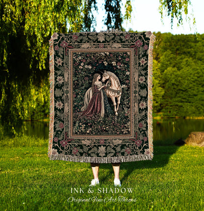 Dark Victorian Botanical Woven Wall Tapestry | Dreamy Rococo Storybook Aesthetic Romantic Fairy Bedroom Dark Cottagecore Throw Blanket |