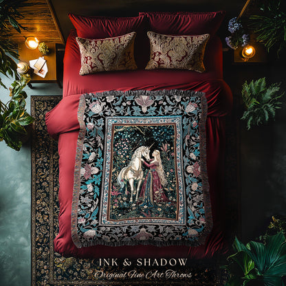 Rustic Fairytale Dark Teal Throw Blanket | Rococo Baroque Inspired Decor Medieval Princesscore Woven Tapestry Dreamy Fantasy Bedroom Style |