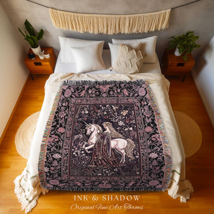 Pastel Whimsical Medieval Woven Tapestry | Enchanted Cottagecore Throw Blanket Romantic Goth Princess Bedroom Fairytale Regal Coquette Decor