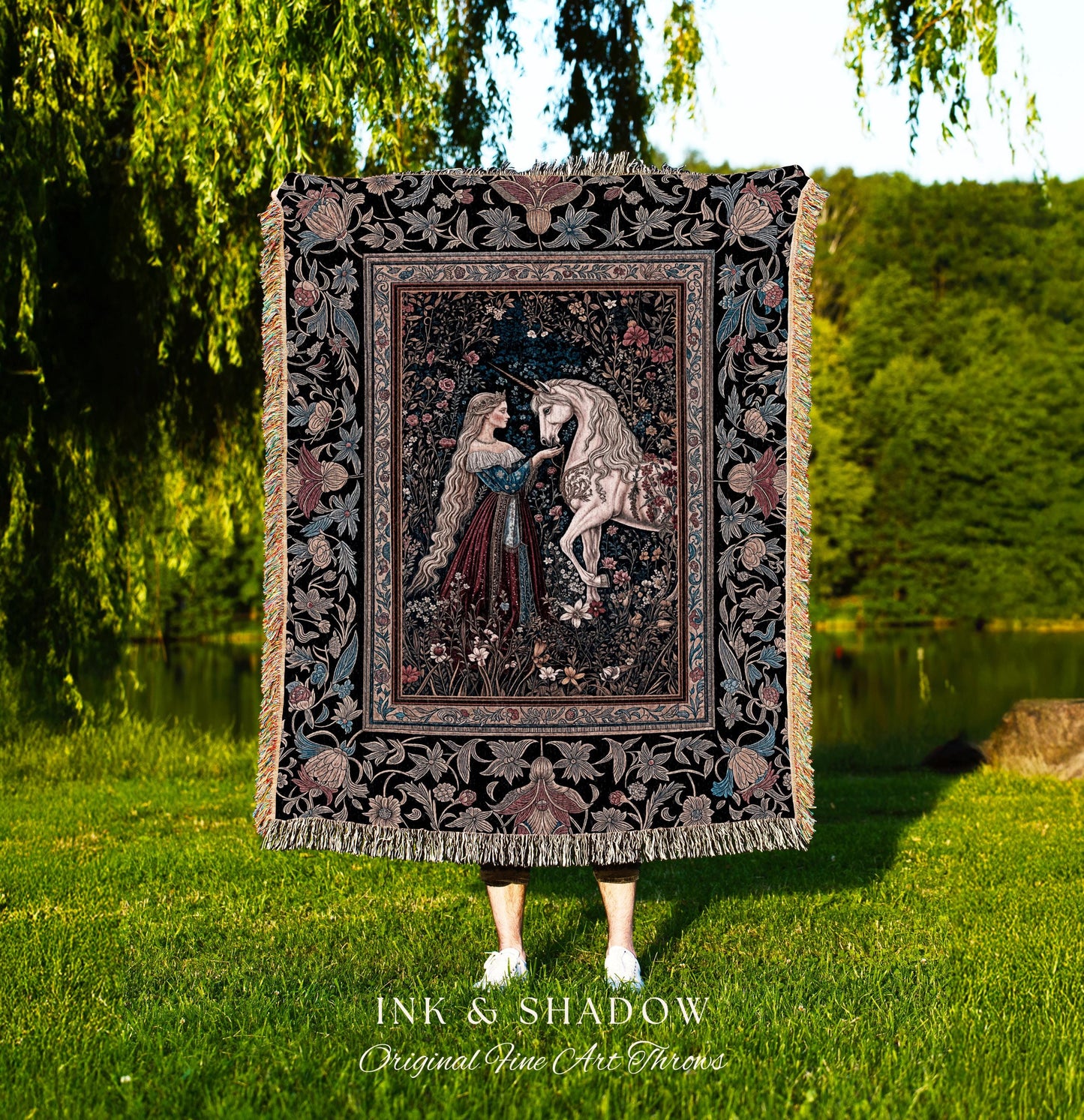 Mystic Fairytale Unicorn Throw Blanket | Renaissance Aesthetic Gloomy Coquette Woven Wall Tapestry Dark Cottagecore Storybook Gothic Theme |