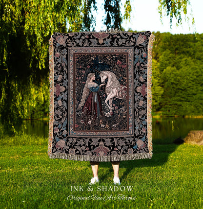 Mystic Fairytale Unicorn Throw Blanket | Renaissance Aesthetic Gloomy Coquette Woven Wall Tapestry Dark Cottagecore Storybook Gothic Theme |