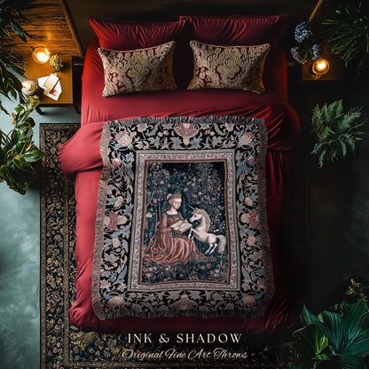 Fairytale Unicorn Victorian Tapestry Blanket | Storybook Dark Academia Decor Fairytale Princess Rococo Tapestry Romantic Cottage Aesthetic |
