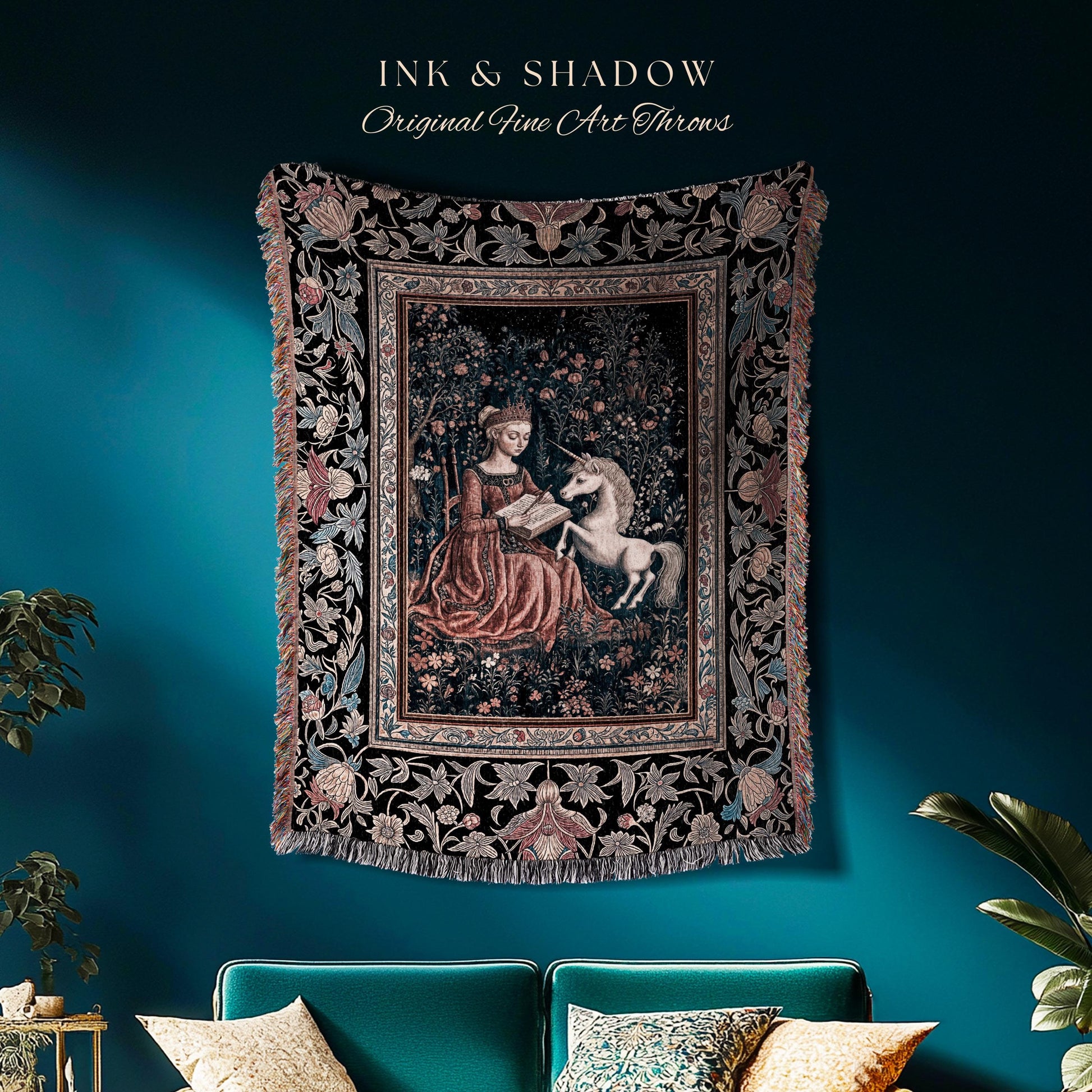 Fairytale Unicorn Victorian Tapestry Blanket | Storybook Dark Academia Decor Fairytale Princess Rococo Tapestry Romantic Cottage Aesthetic |