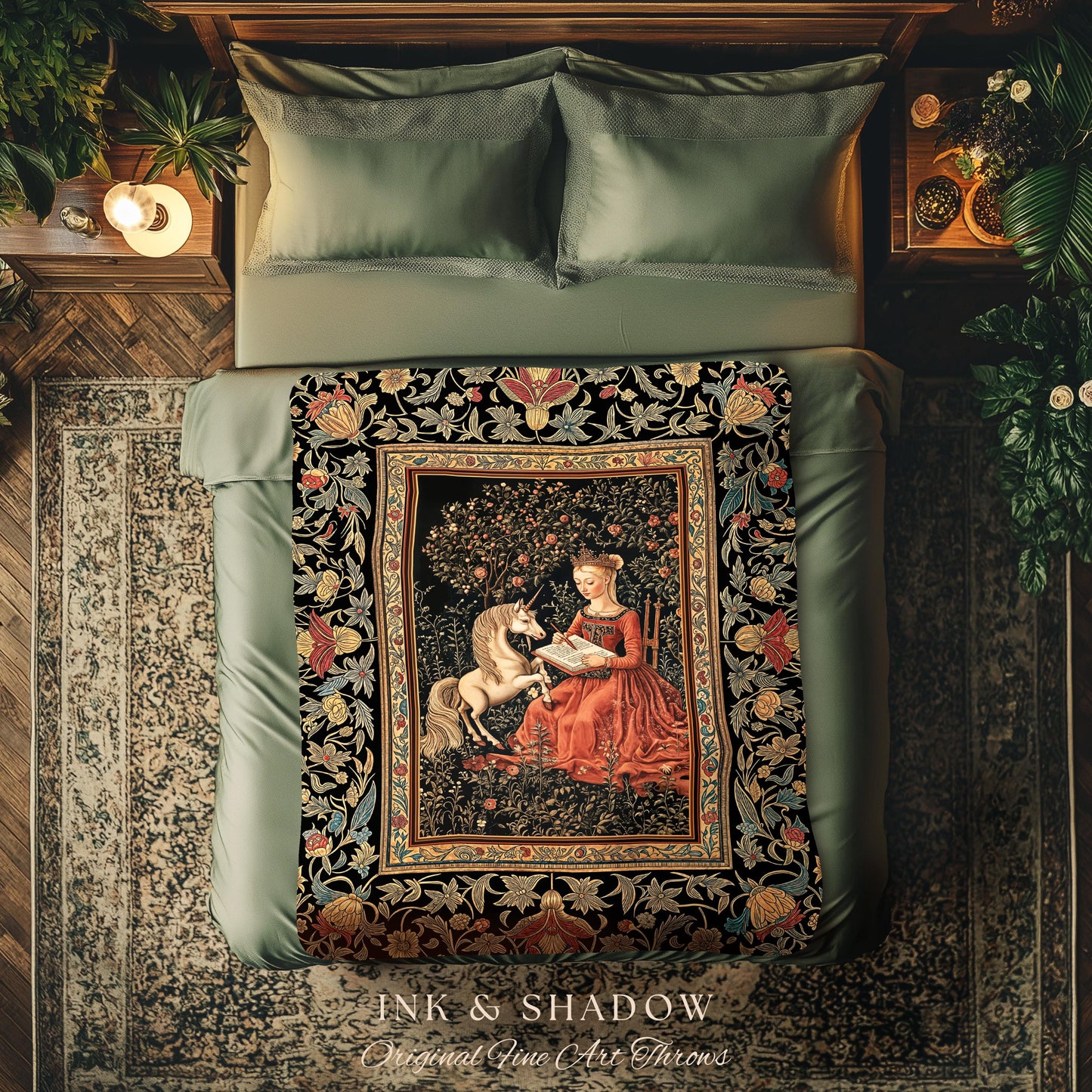 Victorian Storybook Floral Woven Blanket | Mystical Renaissance Fairytale Wall Tapestry Dark Cottagecore Ethereal Bedroom Royalcore Decor |