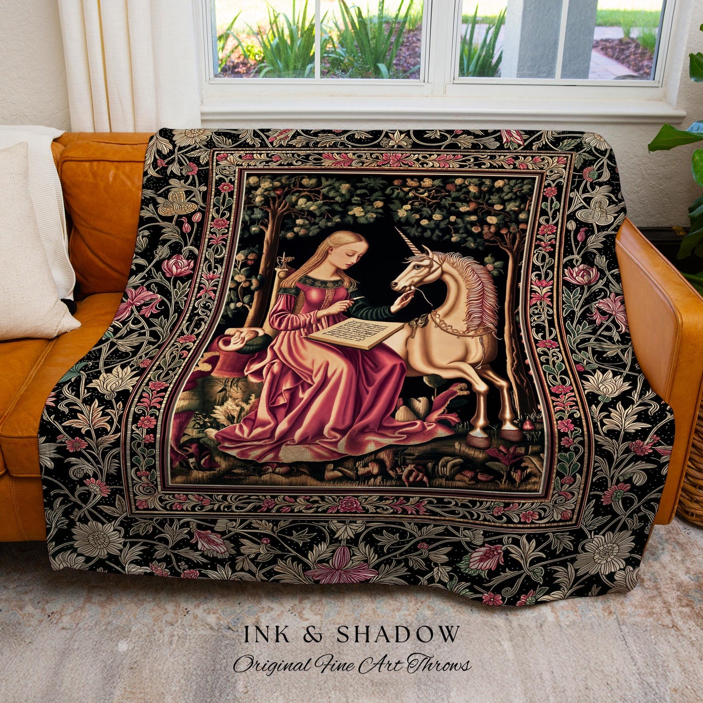 Cozy Storybook Reading Throw Blanket | Medieval Bedroom Unicorn Cottagecore Dark Academia Decor Fairytale Princess Rococo Woven Tapestry |