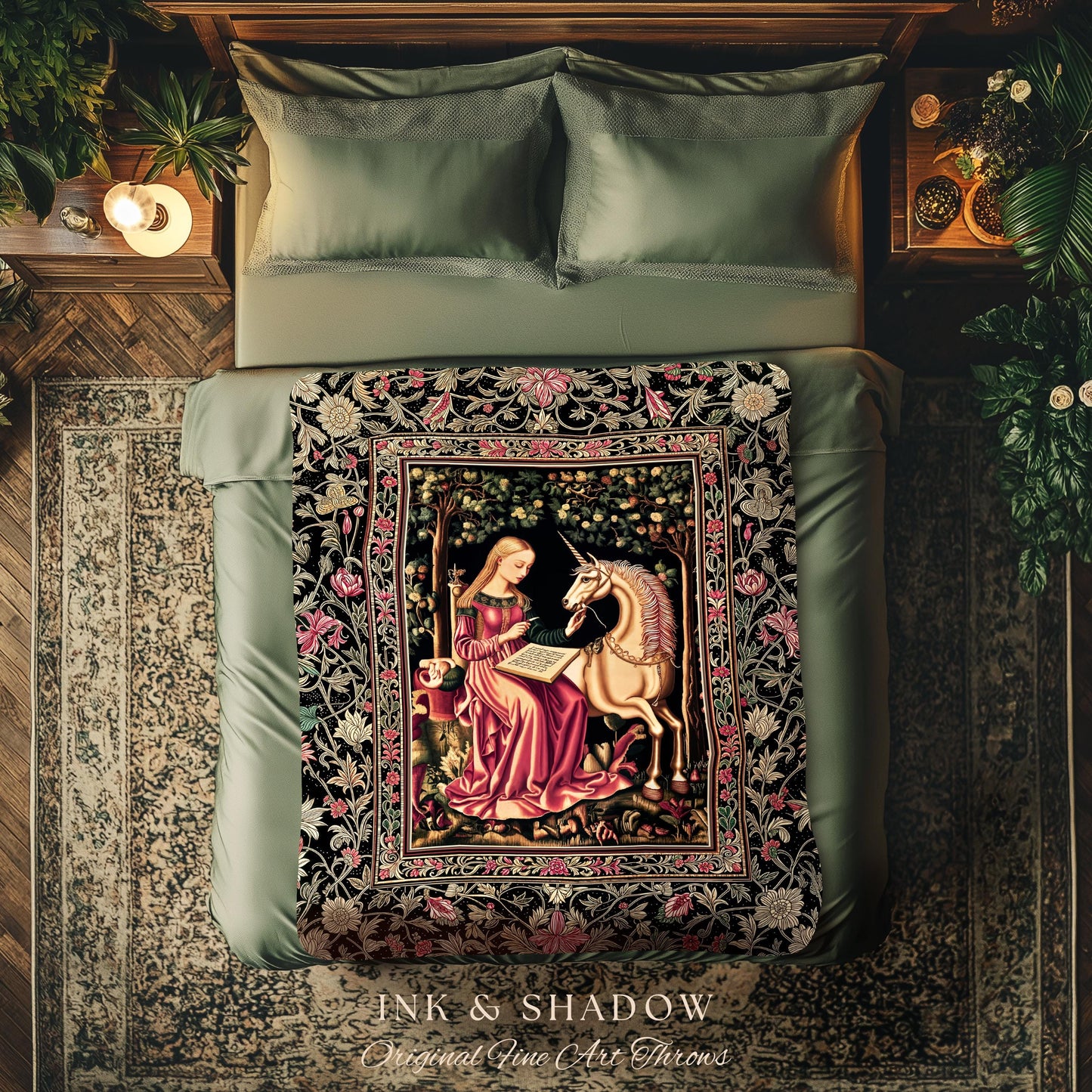 Cozy Storybook Reading Throw Blanket | Medieval Bedroom Unicorn Cottagecore Dark Academia Decor Fairytale Princess Rococo Woven Tapestry |