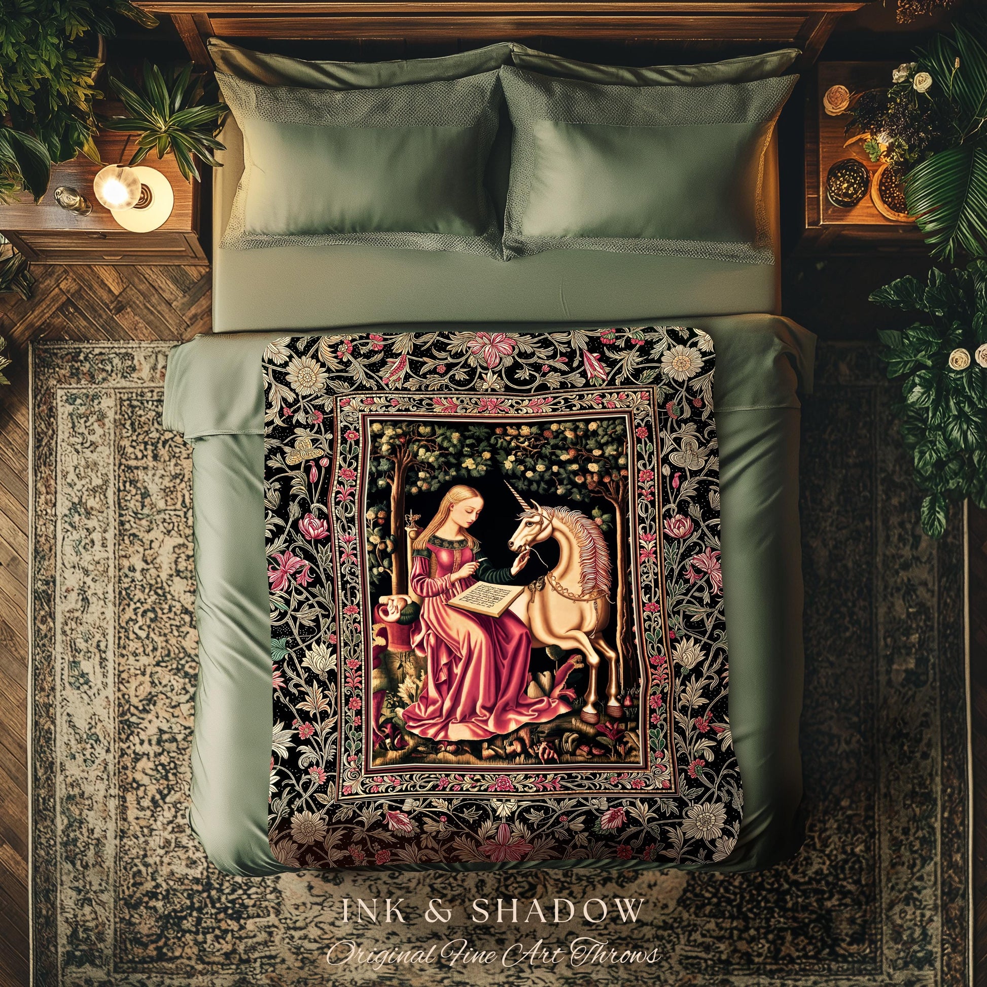 Cozy Storybook Reading Throw Blanket | Medieval Bedroom Unicorn Cottagecore Dark Academia Decor Fairytale Princess Rococo Woven Tapestry |