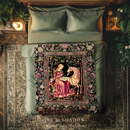 Cozy Storybook Reading Throw Blanket | Medieval Bedroom Unicorn Cottagecore Dark Academia Decor Fairytale Princess Rococo Woven Tapestry |