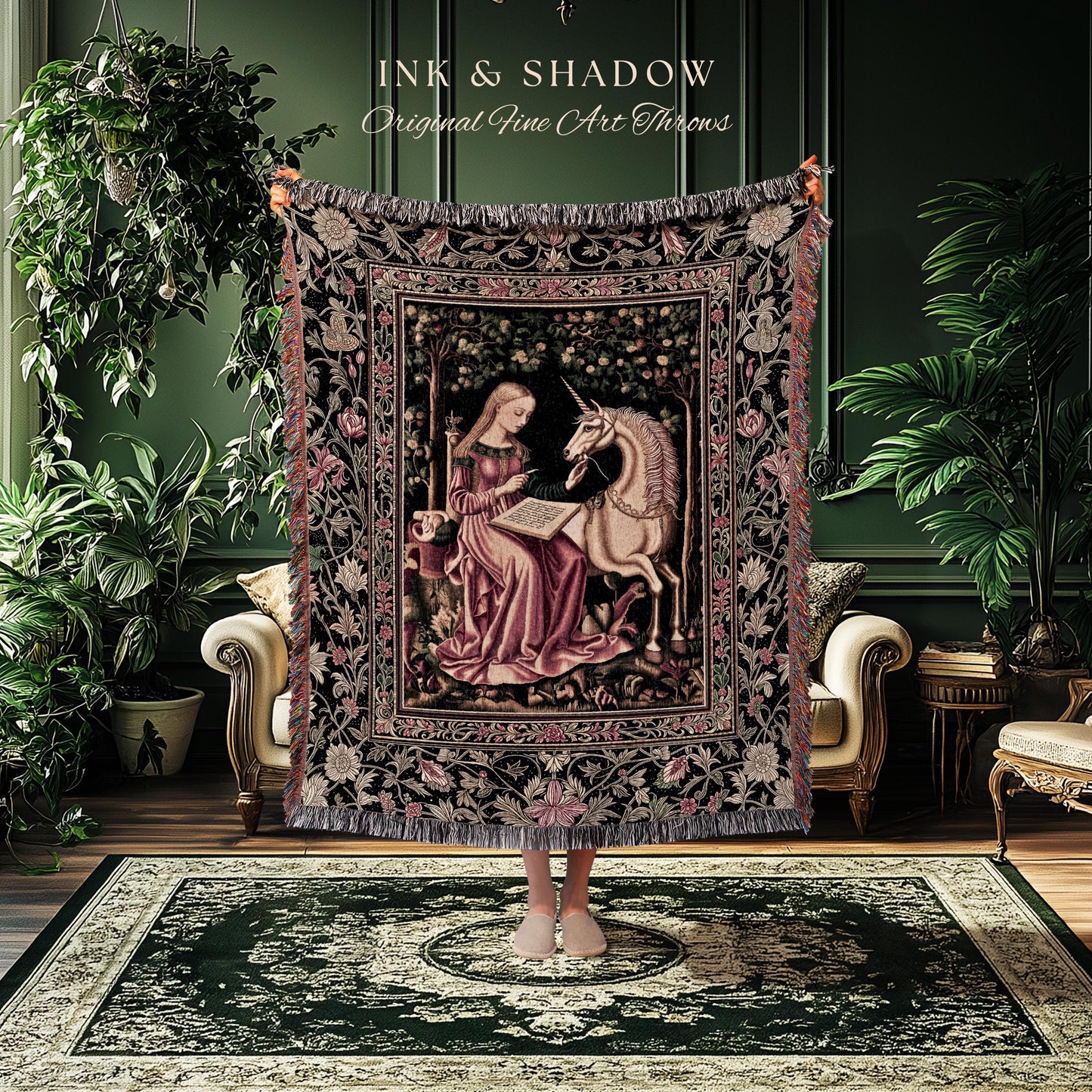Cozy Storybook Reading Throw Blanket | Medieval Bedroom Unicorn Cottagecore Dark Academia Decor Fairytale Princess Rococo Woven Tapestry |